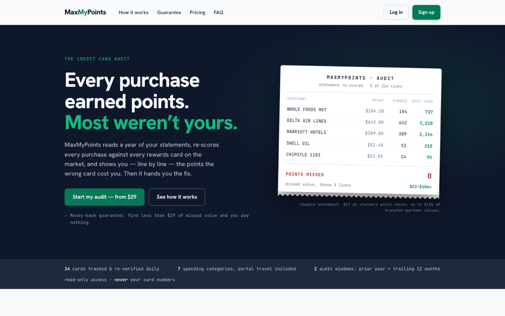 The MaxMyPoints home page, showing a sample re-scored statement with 956 points missed
