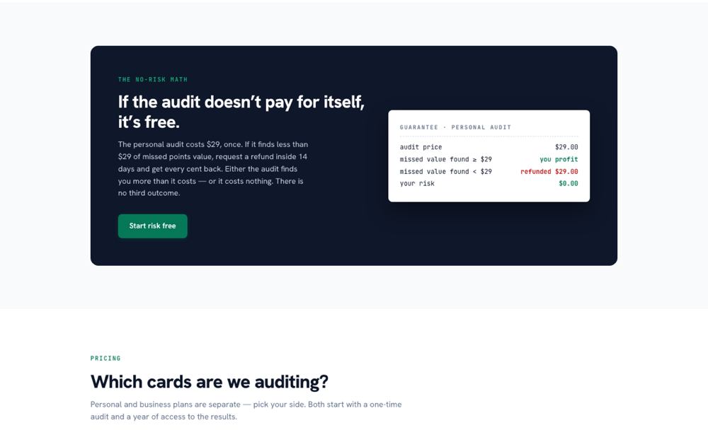 The money-back guarantee panel, showing the audit price against the missed value found