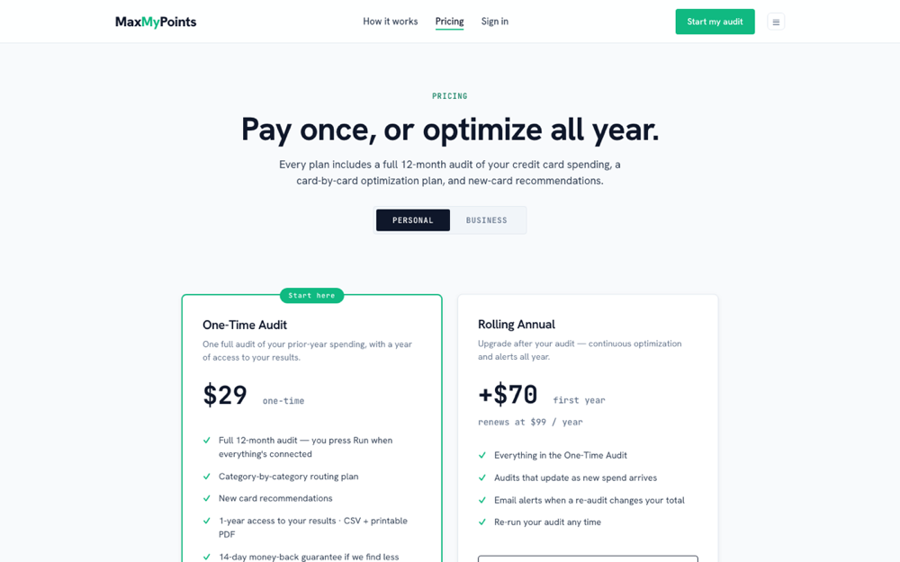 The MaxMyPoints pricing page