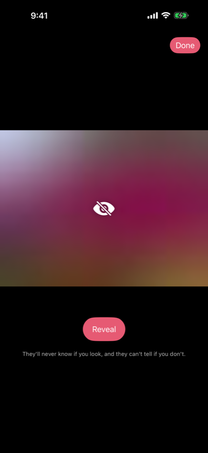 A photo from Alex, still blurred after opening the app, with a Reveal button beneath it