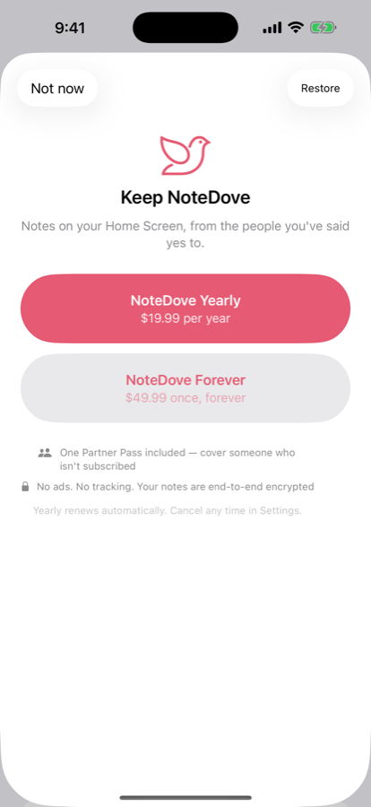 The NoteDove purchase screen — $19.99 a year or $49.99 once, with one Partner Pass included