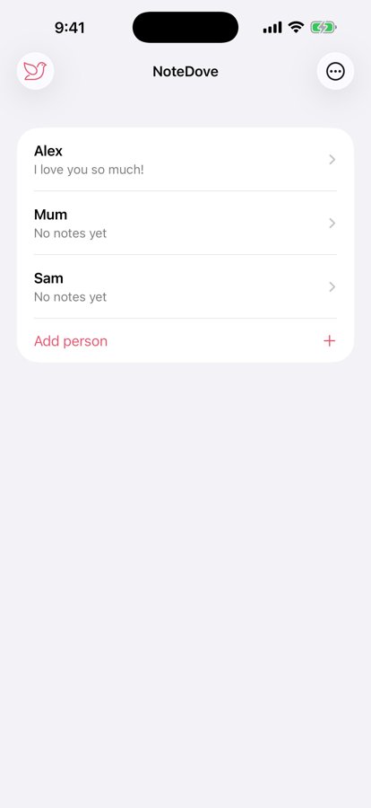The NoteDove people list — Alex, Mum and Sam