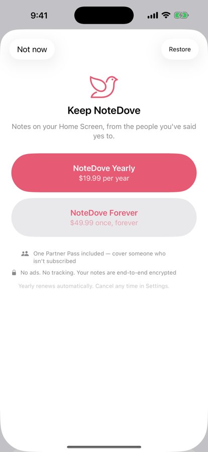 The NoteDove purchase screen: $19.99 a year or $49.99 once, one Partner Pass included