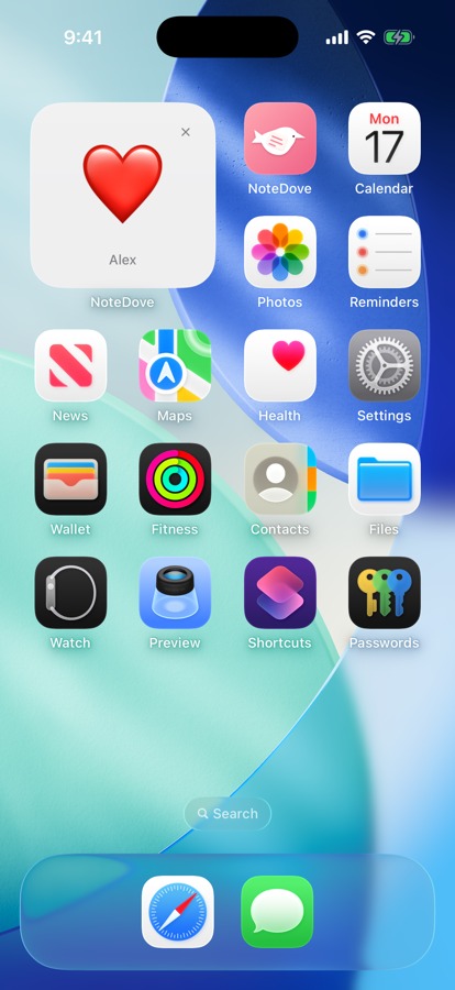 An iPhone Home Screen with the small NoteDove widget showing a large red heart from Alex