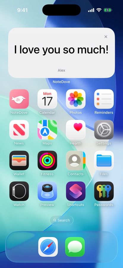 An iPhone Home Screen with the medium NoteDove widget reading “I love you so much!” from Alex