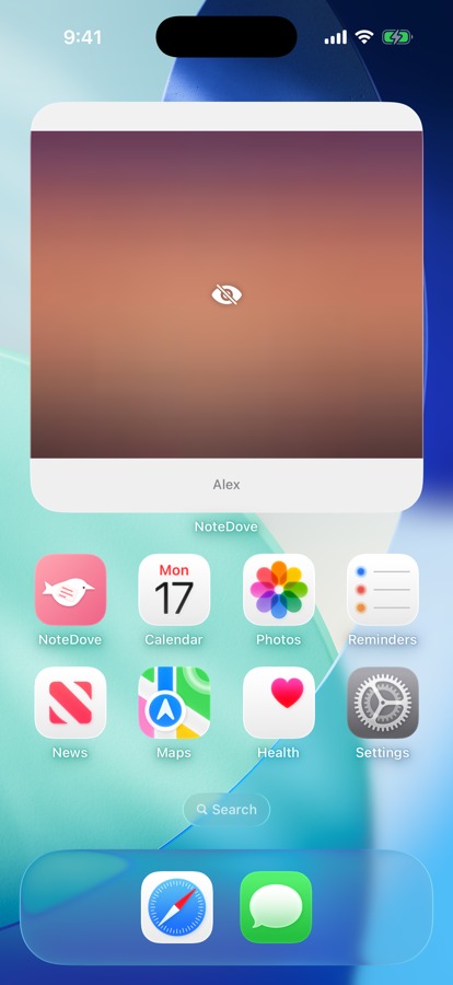 An iPhone Home Screen with the large NoteDove widget showing a photo from Alex, arrived blurred