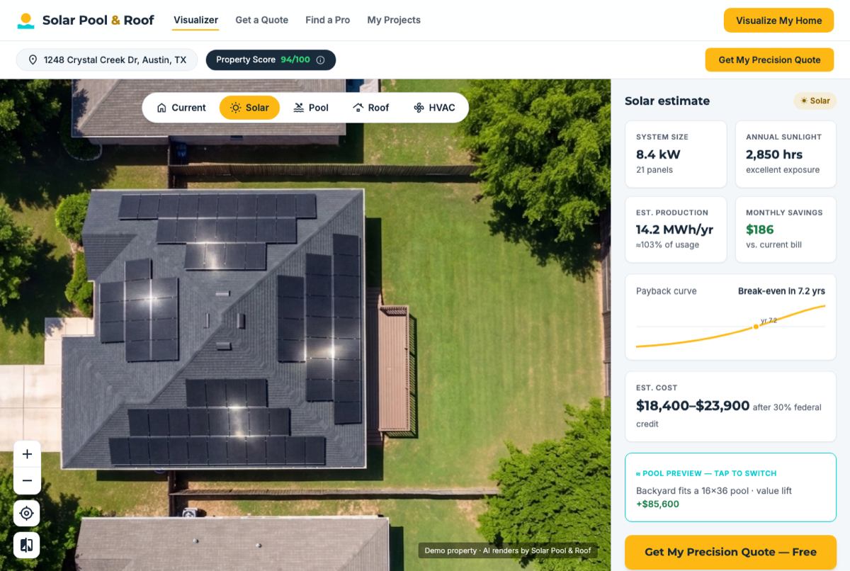 The visualizer: a satellite photo of a home with solar panels rendered on its actual roof, beside a modeled estimate panel