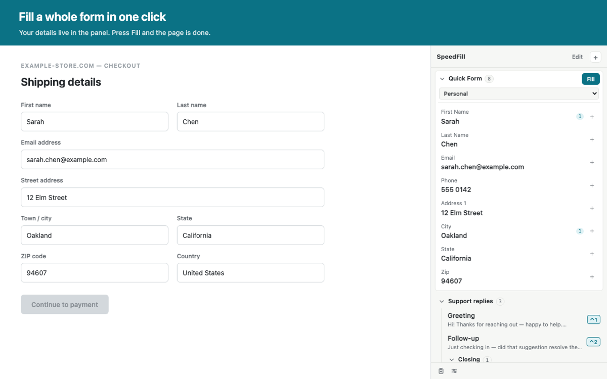 A checkout page filled in from the SpeedFill side panel, with name, email, address and ZIP all completed