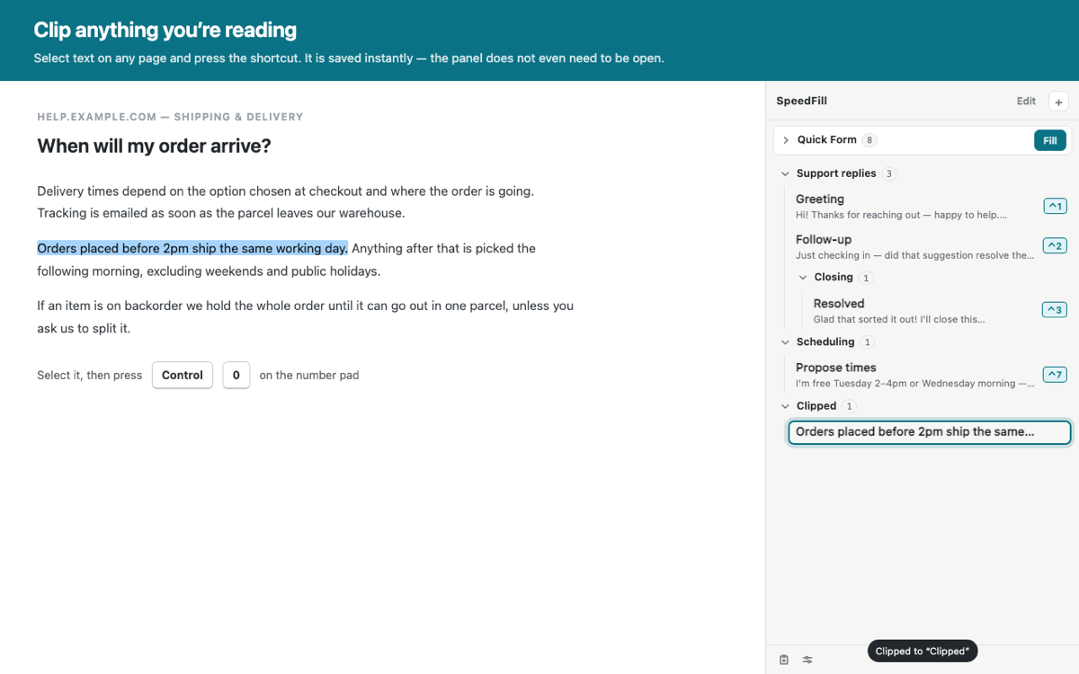 Text highlighted on a help page being saved straight into the panel's Clipped folder