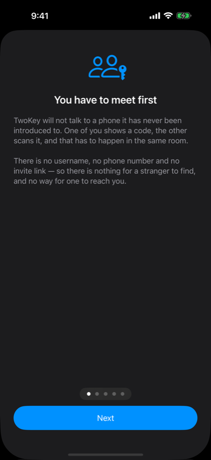 A TwoKey screen headed “You have to meet first”, explaining that there is no username, no phone number and no invite link