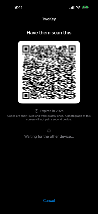 A pairing QR code headed “Have them scan this”, with a five-minute expiry counting down beneath it