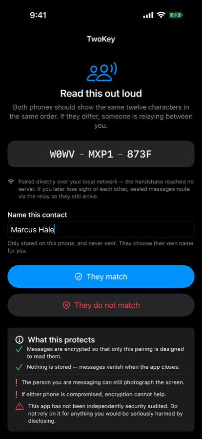 A verification screen headed “Read this out loud” showing the twelve characters W0WV-MXP1-873F and a note that the handshake reached no server