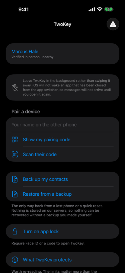 The TwoKey contact list showing one contact, Marcus Hale, labelled “Verified in person · nearby”
