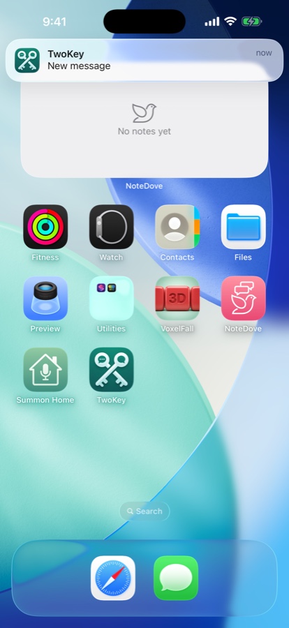 An iPhone notification banner from TwoKey reading simply “New message”, naming no sender
