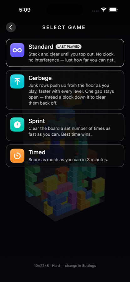 The game select screen listing Standard, Garbage, Sprint and Timed