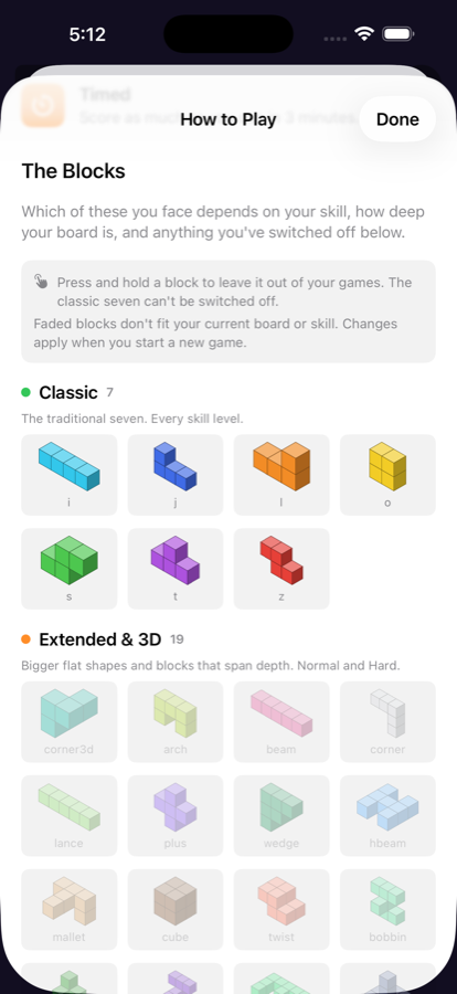 The block list, showing the classic seven shapes and the extended 3D set