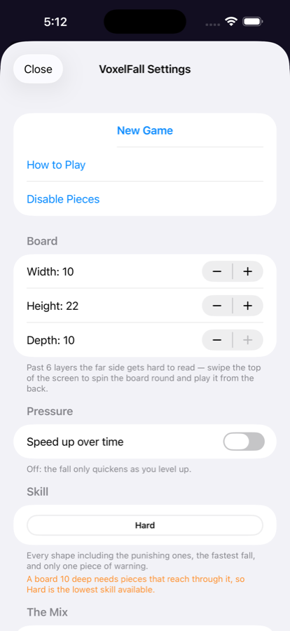 Settings, with controls for board width, height and depth, pressure and skill